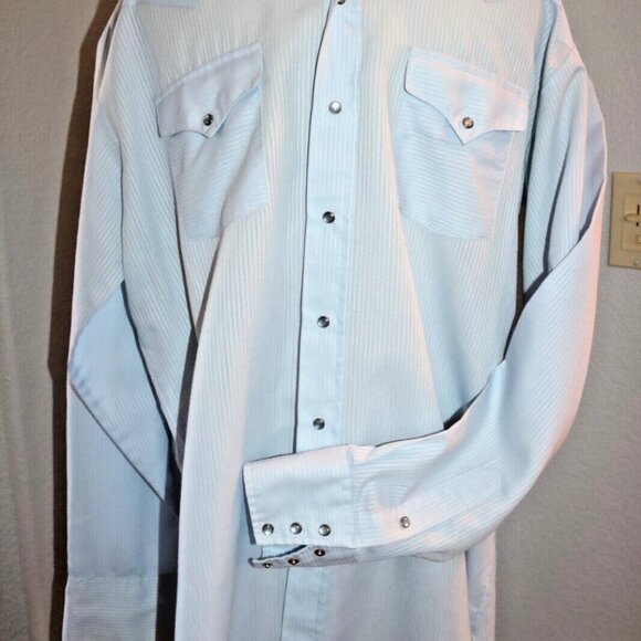 Panhandle Slim Shirt Mens 17-36 Blue Pinstripe Western Pearl Snap Made USA - Picture 2 of 16